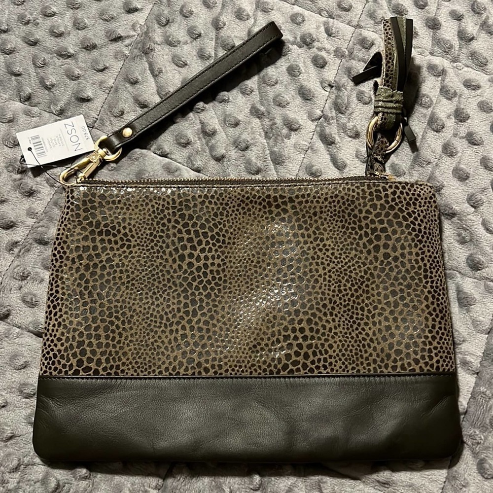NOSZ leather Ramsay Clutch bags fatigue removable strap zips close tassel new